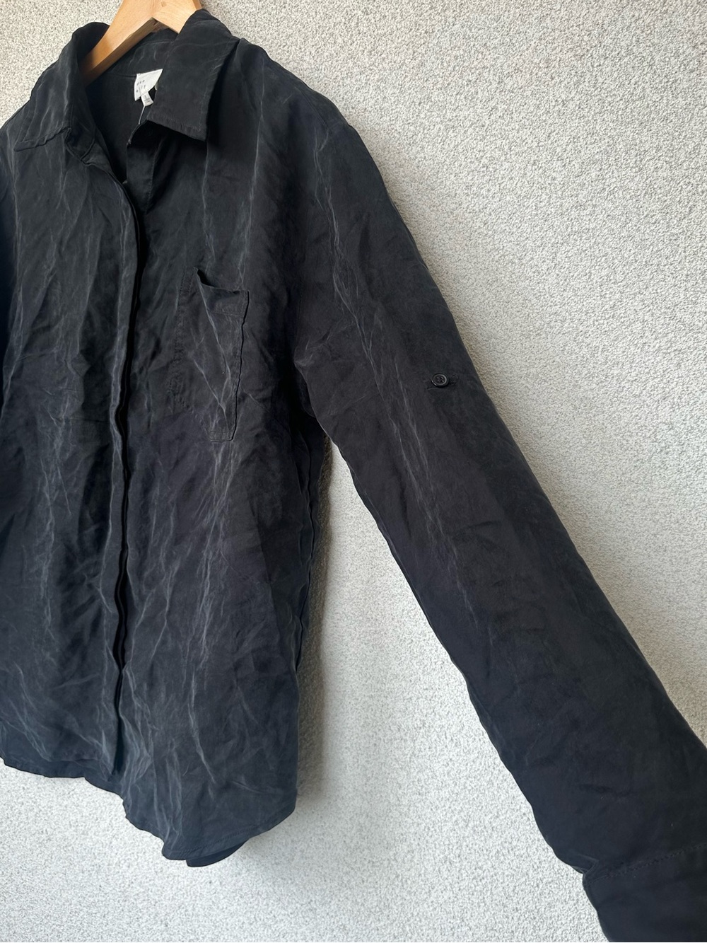 Dee Elly Black Oversized Button Down Shirt | Silky Spandex Blend | NWOT | Small - Picture 3 of 6